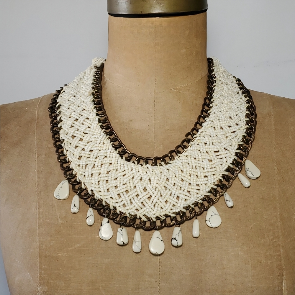 Necklace 18-24" Collar Woven Beaded Hand Crafted White Buffalo Turquoise Brass